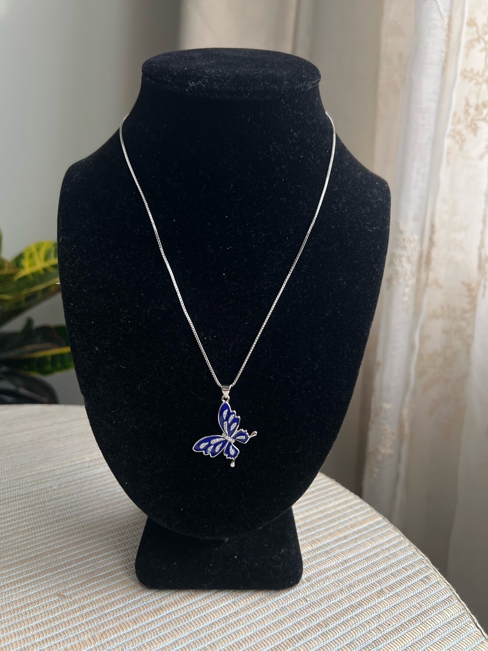 🩷-Blue Butterfly Pendant silver chain  Necklace with pavé accents